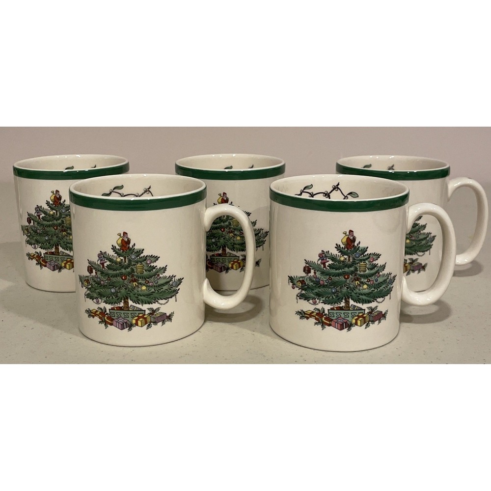 Set of 5 Spode Vintage Christmas Tree Mugs Made in England Excellent pre-owned